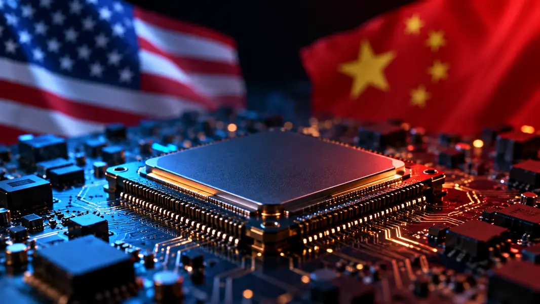 AI computer chip with U.S. and Chinese flags for the Trump-Xi AI talks