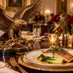 Bald eagle statue and sea bass plate from the Trump-Xi dinner menu