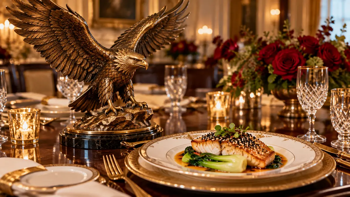 Bald eagle statue and sea bass plate from the Trump-Xi dinner menu